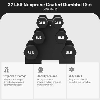Balancefrom Fitness 32 Pound Neoprene Coated Cast Iron Dumbbell Exercise Workout Set with Stand, 3 Pairs of 3, 5, and 8 Pound Weights, Black