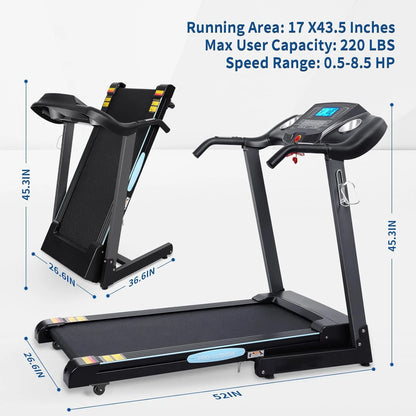 12Level Treadmill Auto Incline 2.5HP Folding Treadmill for Home with LCD Monitor 220Lbs 8.5 Mph Speed Range