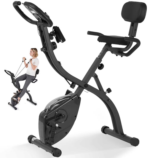 3 in 1 Exercise Bike Quiet Folding Magnetic Stationary Exercise Bikes with Arm Resistance Bands Home Workout Use