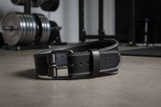 Leather weightlifting belt with double prong buckle